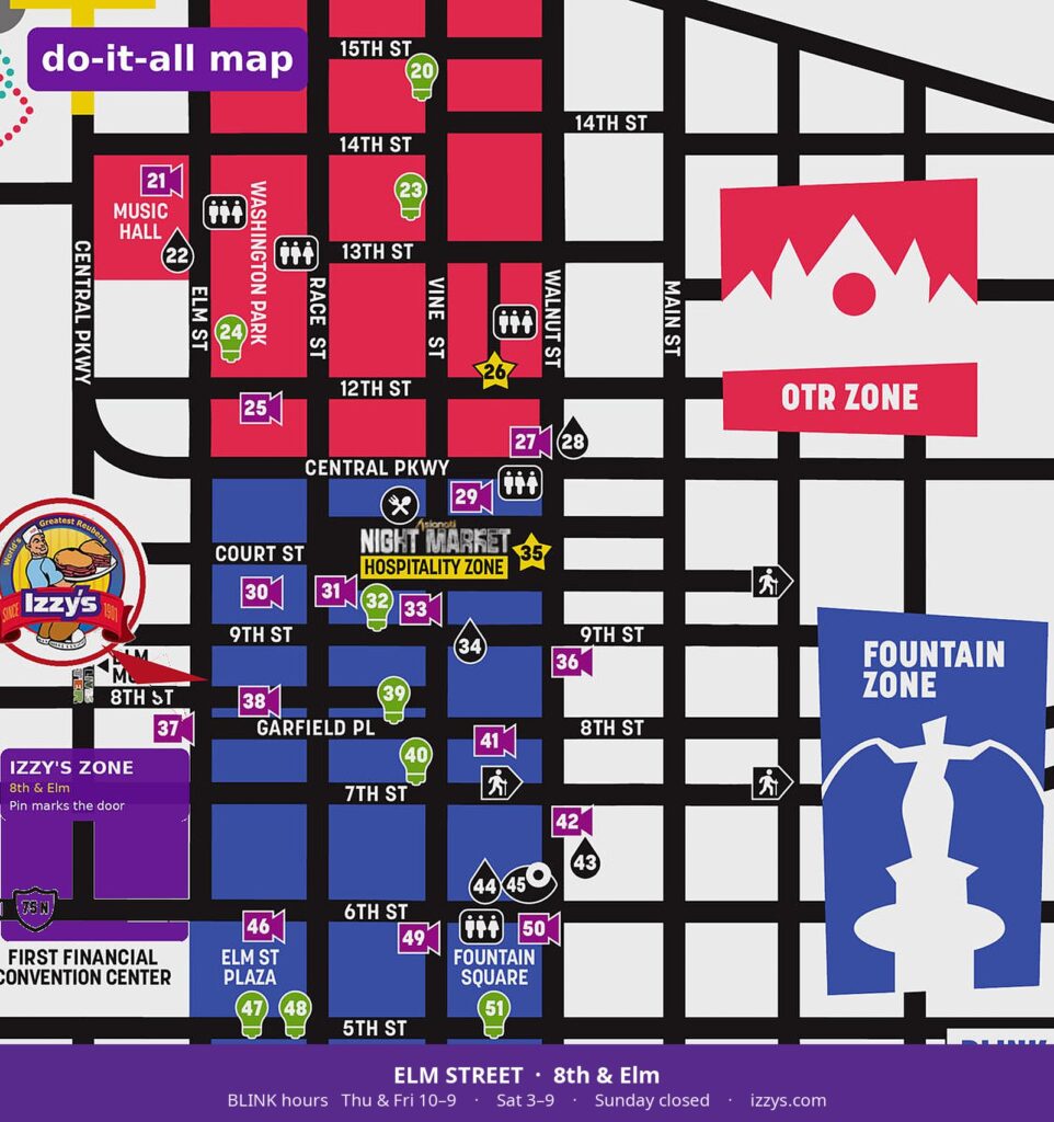 Izzy's at 8th and Elm on a downtown map for BLINK.